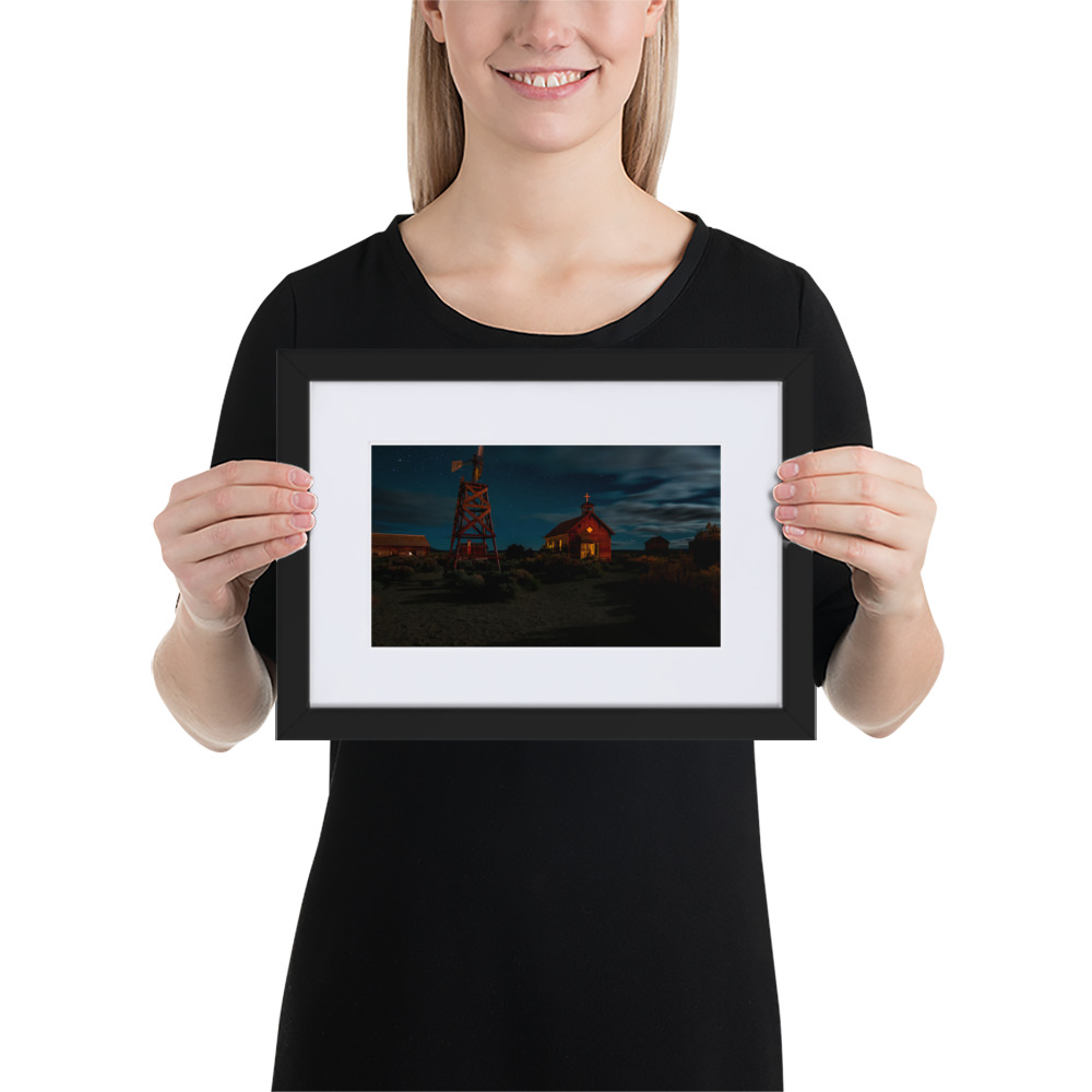 Starry Night Country Barn & Church - Matte Paper Framed Poster With Mat (cm)